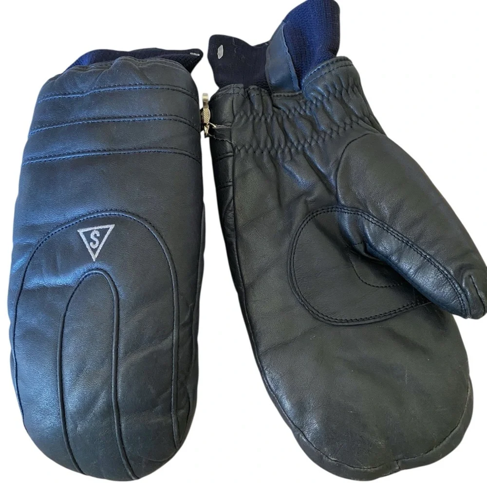 VINTAGE SARAMAC INSULATED BLUE LEATHER SKI MITTENS. One Size Fits up to Size XL